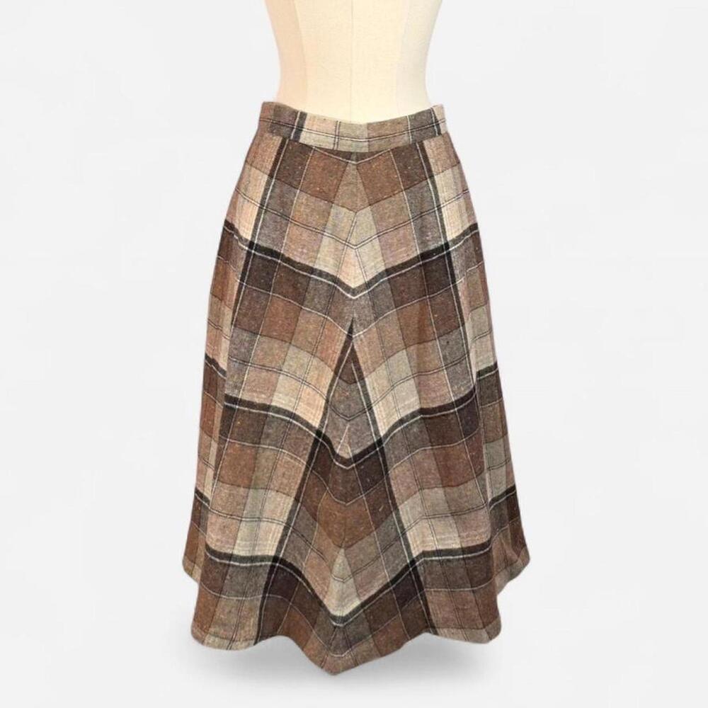 Vintage Brown Plaid Wool A-Line Skirt